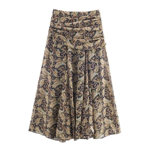 Jupe longue bohème à imprimé paisley avec taille plissée et tons terreux pour femme