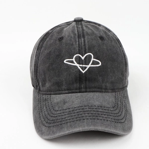 Distressed dark grey washed cotton baseball cap with white heart embroidery design