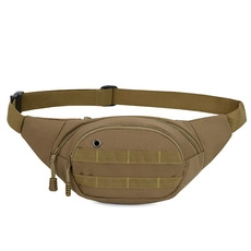 Detail view of khaki waterproof oxford fabric waist bag with MOLLE system and earphone port