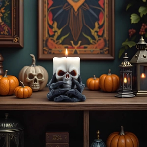 Gothic Totenkopf-Kerze in schwarzen Krallen auf rustikalem Regal mit Halloween-Deko