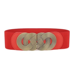 Red elastic wide belt for women with vintage bronze metal buckle on white background