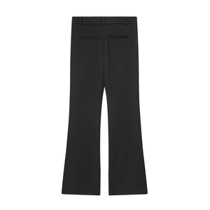 Flat lay back view of black wide-leg trousers with elegant drape and decorative pockets