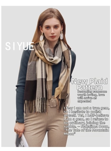 Detail shot of the soft plaid cashmere-feel scarf texture with long tassels in autumn style