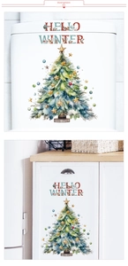 Detail of Christmas tree wall sticker with Hello Winter text on a toilet tank and cabinet