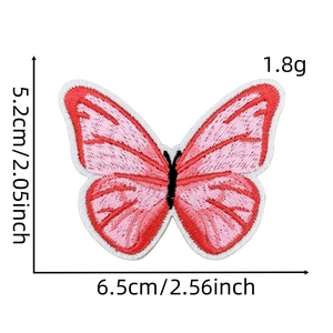 Detailed view of pink butterfly embroidery patch with dimensions 5.2x6.5cm and 1.8g weight