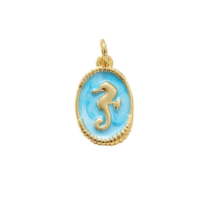 Oval gold seahorse charm with light blue enamel inlay for DIY jewelry and necklaces