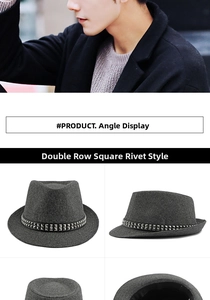 Detailed multi-angle views of a dark grey fedora hat with silver rivet leather band