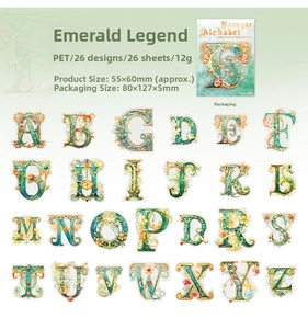 Baroque style PET alphabet stickers showing 26 artistic emerald green letters and dimensions