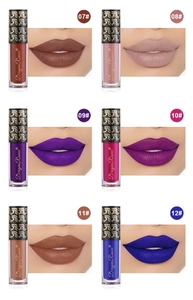 Six shades of matte liquid lipstick from brown to blue with corresponding lip swatches