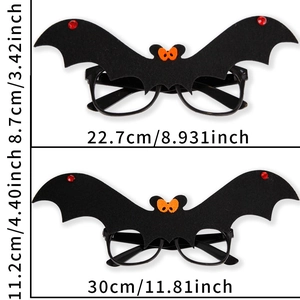Size comparison and dimensions for non-woven black and red Halloween bat glasses frames