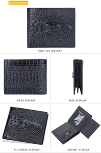 Detailed views of black crocodile texture men wallet featuring multiple card slots and coin pocket