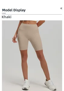 Vue détaillée du short de yoga kaki à taille haute montrant la coupe et le tissu