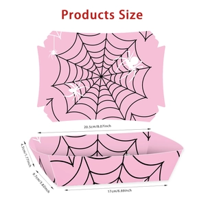 Detailed size chart for pink spider-themed party food boxes showing dimensions and assembly
