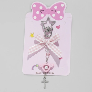 Pink plaid bow keychain with silver star clasp and heart cross pearl charms