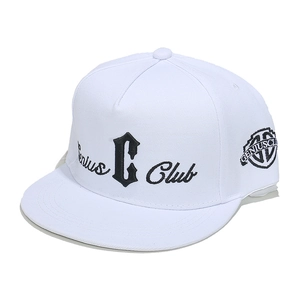 Close-up of Genius Club black embroidery on a premium white cotton snapback cap