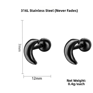 Detailed view of 316L stainless steel black crescent stud earrings with sizes and weight