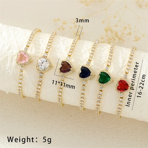 Detailed view of heart-shaped zircon bracelets in six colors with sizing specifications