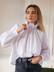 Women Ruffled High Neck 100% Cotton Blouse Long Lantern Sleeve Pleated French Style Elegant Casual Solid Shirt