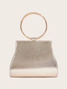 Elegant gold metallic evening clutch bag with circular handle and trapezoid geometric design
