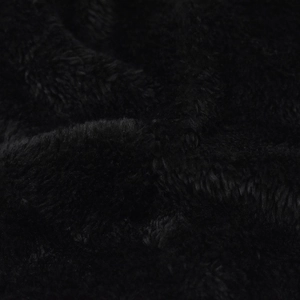 Close-up of thick black faux fur fabric showing dense and soft warm texture