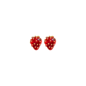 Sweet strawberry fruit stud earrings in red resin with gold accents on white background