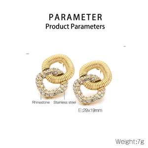 Detail of interlocking golden hoops with rhinestones showing 29x19mm product dimensions