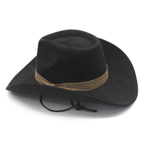 Detail of wide brim black western cowboy hat with brown polka dot band and chin strap