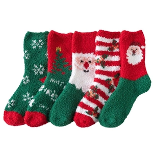 5 Pairs of warm coral fleece Christmas socks featuring Santa Claus and snowflake patterns