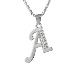 Silver stainless steel box chain necklace featuring letter A pendant with clear rhinestones