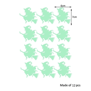 Detailed view of 12 pcs luminous Halloween witch stickers with 6x7cm size dimensions