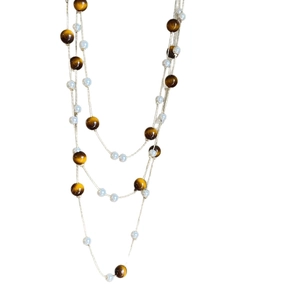 Multi-layer tiger eye stone beaded necklace with vintage brown and white elegant pearls