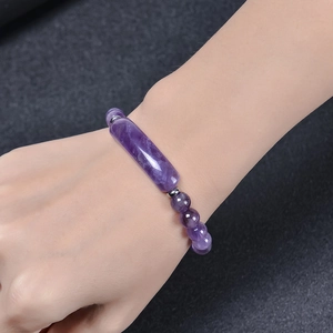 Amethyst gemstone bracelet featuring round beads and a long column bar for women