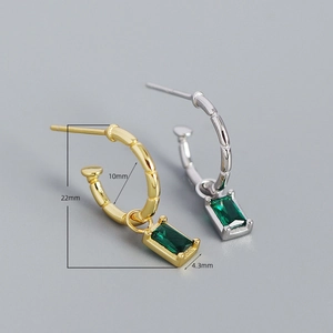 S925 silver C-shape earrings with green zircon and bamboo texture, 22mm height
