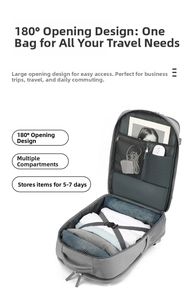 Interior detail of grey travel backpack showing 180-degree opening and organized storage pockets