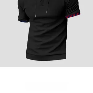 Detail of waffle knit fabric texture and plaid trim on men's short sleeve hooded polo