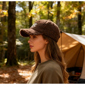 Detail of dark brown faux shearling baseball cap with white embroidery in outdoor forest setting