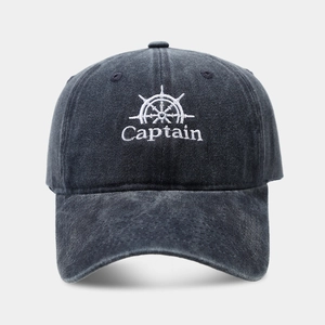 Retro washed denim baseball cap with captain steering wheel embroidery for men and women