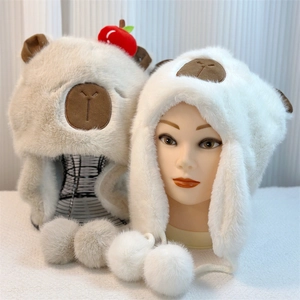 Thick plush Capybara earflap hat with red apple decor in beige and white colors