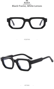 Detailed close-up showing the A6 thick black frame and 45-degree side view of retro sunglasses