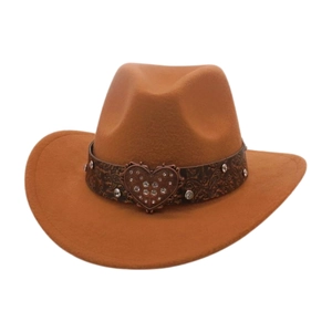 Close-up of a wide-brimmed felt cowboy hat with a rhinestone heart buckle and leather band