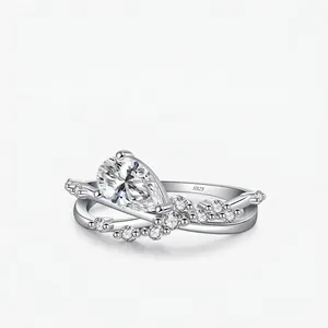 925 Sterling Silver Ring Pear Cut Water Drop Zirconia Twisted Wrap Cross Line Pave Elegant Luxury Fashion For Women