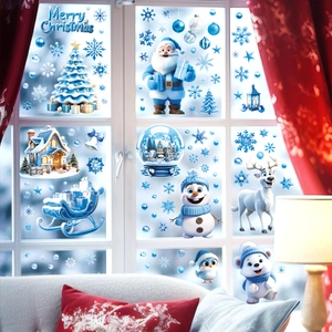 3D white Christmas window decals featuring Santa, reindeer, and snowflakes decoration