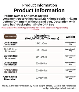 Detailed size and weight chart for knitted faceless Christmas gnome ornaments and decor