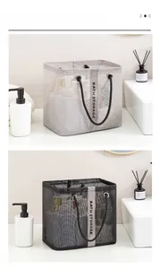 Detail of mesh shower caddy featuring reinforced BATH STORAGE handle and metal rivets