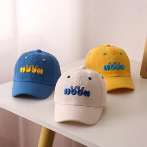 Kids baseball caps with MOON embroidery in navy, beige, and ginger cotton fabric
