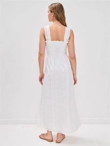 Elegant white lace strap maxi dress with hollow embroidery and back smocked detailing