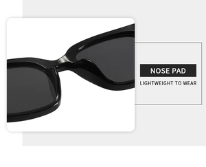 Detail of comfortable nose pads and lightweight black frame of square sunglasses