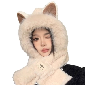 Cute beige fox ear plush hooded scarf combo for women winter with soft faux fur texture