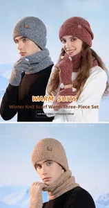 Three-piece winter knit set with beanie, scarf, and touchscreen gloves in snowy landscape