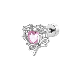 Silver bow heart stud earring with a pink crystal and micro-paved cubic zirconia